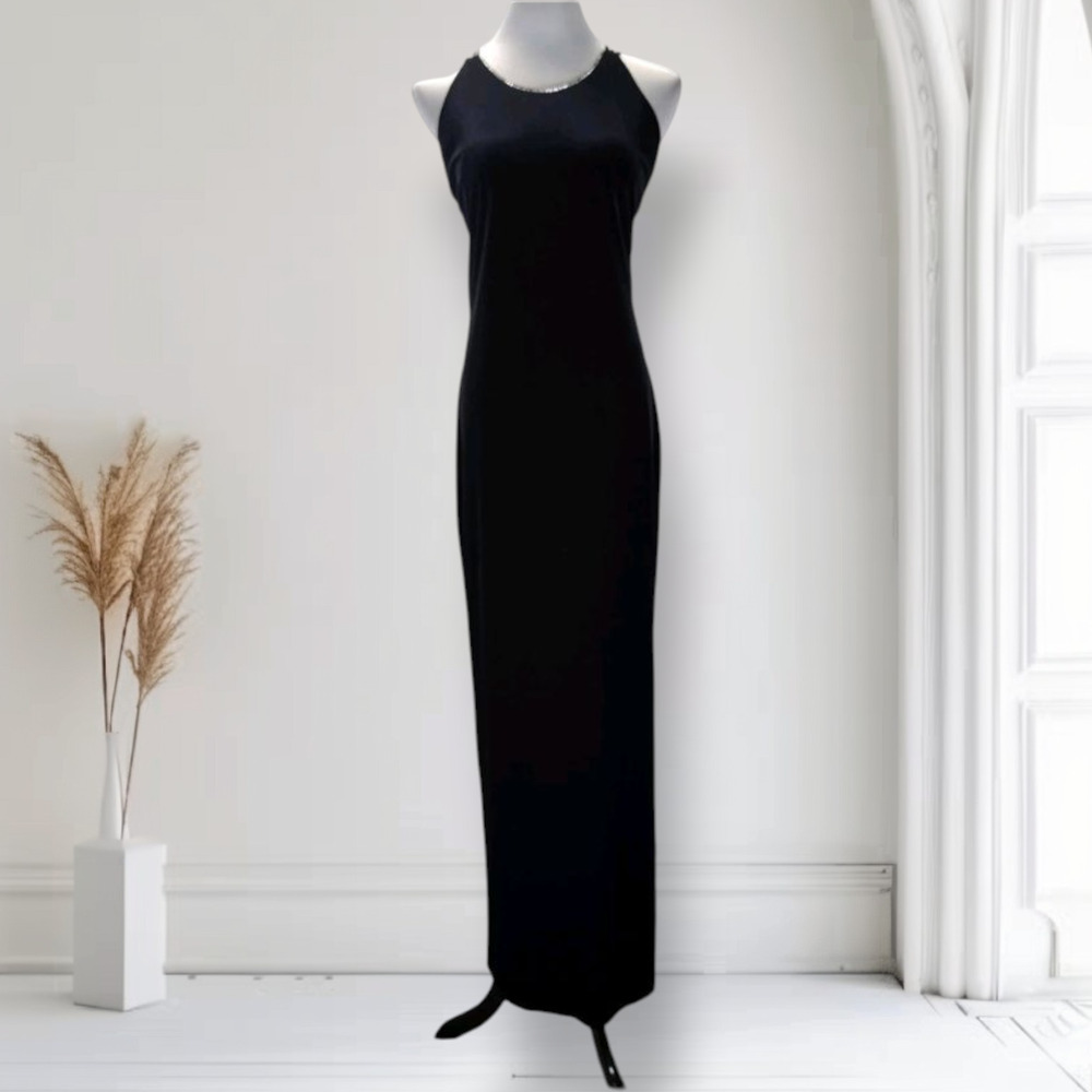 NWT Vintage 90s Onyx Nite Black Velvet Halter Maxi Dress 14 Rhinestone Y2K